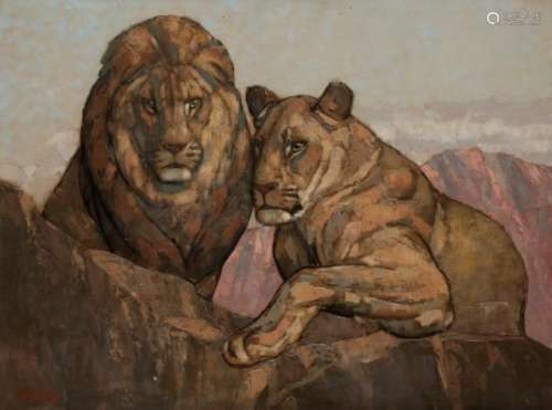 PAUL JOUVE (1878-1973) Lion et lionne Technique mixte sur papier marouflé sur carton. Œuvre vendue