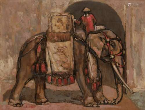 PAUL JOUVE (1878-1973) éléphant et son cornac Technique mixte sur papier marouflé sur carton.