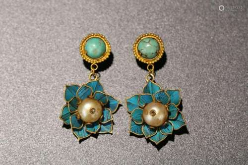 PAIR OF GILT SILVER PEARL & TURQUOISE EARRINGS
