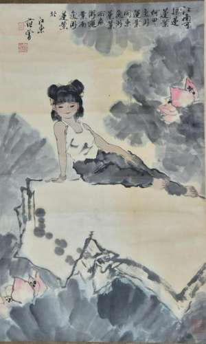 CHINESE PAINTING OF A GIRL ON ROCK IN LOTUS POND