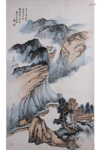 HANGING SCROLL PAINTING OF MOUNTAINS IN MIST