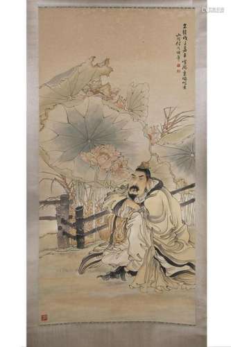 HANGING SCROLL PAINTING OF A MAN ENJOYING LOTUS