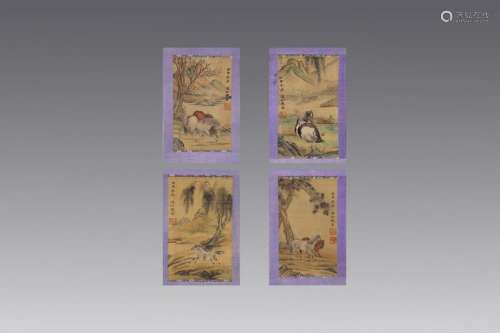 SET OF 4 CHINESE PAINTINGS OF STEEDS IN LANDSCAPE