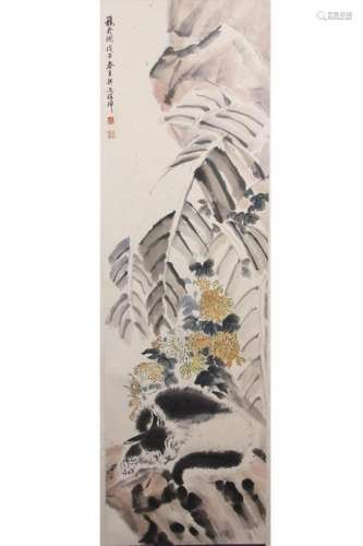 HANGING SCROLL PAINTING OF A CROUCHING CAT
