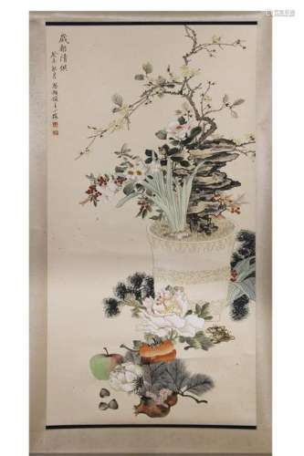 HANGING SCROLL PAINTING OF FLOWERS AND FRUITAGE