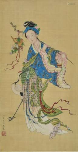 PAINTING OF A CHINESE IMMORTAL LADY WITH A CRANE