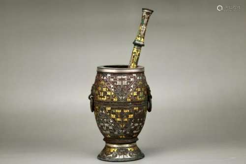 GOLD AND SILVER INLAID BRONZE MORTAR AND PESTLE