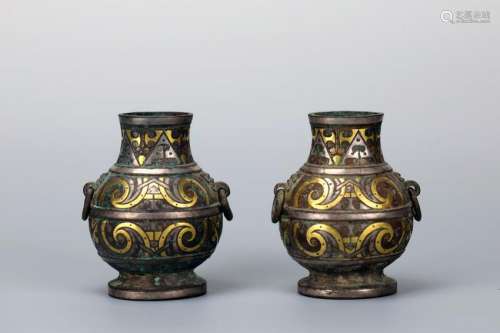 PAIR OF GOLD & SILVER INLAID BRONZE BINAURAL VASES