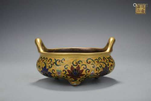 CLOISONNE GILT BRONZE CENSER WITH FOLIAGE PATTERN