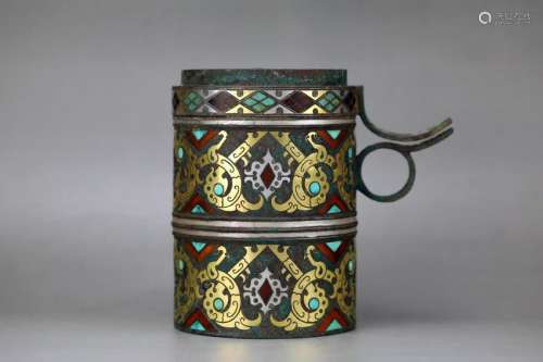 GOLD AND SILVER INLAID BRONZE OIL LAMP