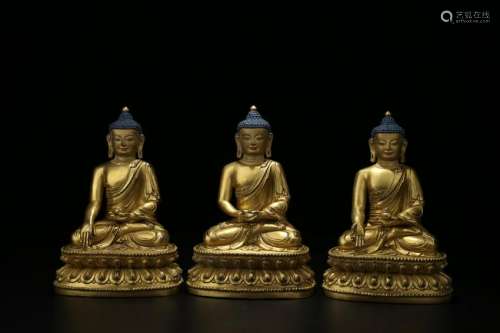 SET OF 3 GILT BRONZE STATUES OF BUDDHAS