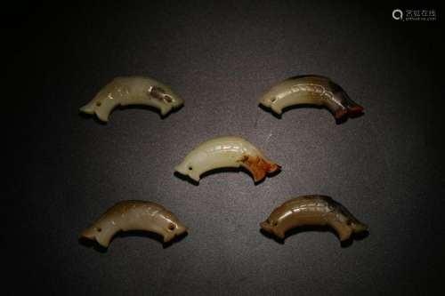 SET OF 5 JADE CARVING FISH PENDANTS