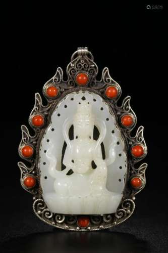 JADE CARVING GUANYIN & CORAL INLAID SILVER PENDANT