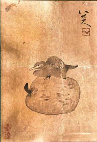 CHINESE PAINTING OF A PERCHED BIRD ON A FRUIT