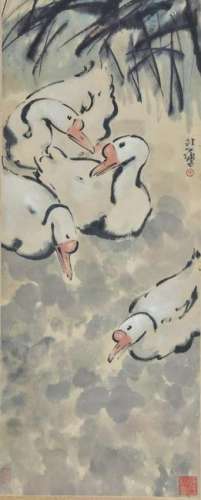 CHINESE PAINTING OF GOOSES PLAYING IN WATER POND