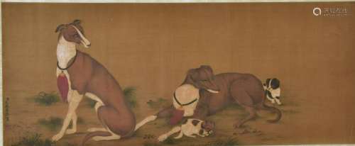 CHINESE PAINTING OF PAIR OF DOGS AND PUPPIES