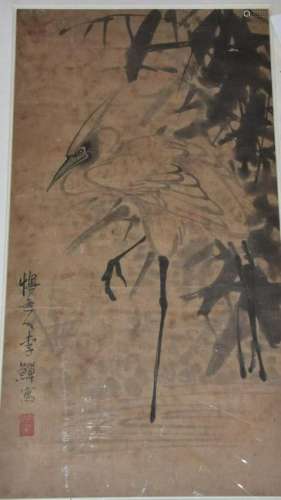 CHINESE INK PAINTING OF BIRD STANDING ON ONE FOOT