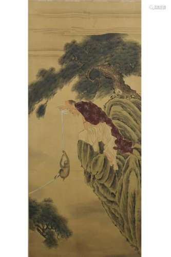 HANGING SCROLL PAINTING OF MONK & MONKEY