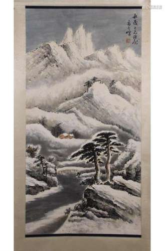 HANGING SCROLL PAINTING OF SNOWING MOUNTAIN