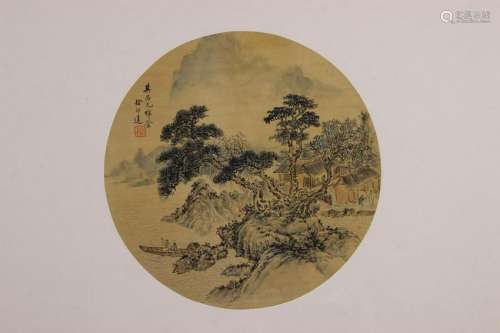 CHINESE SILK FAN PAINTING OF RIVER LANDSCAPE
