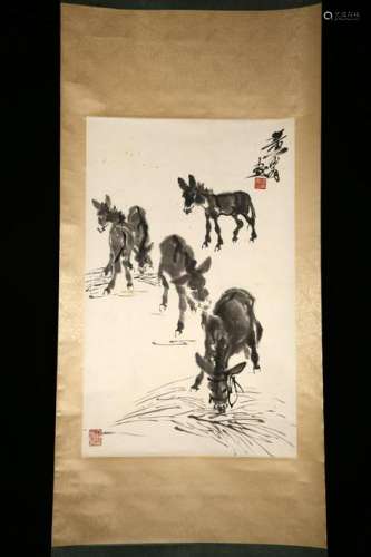 CHINESE INK HANGING SCROLL PAINTING OF DONKEYS