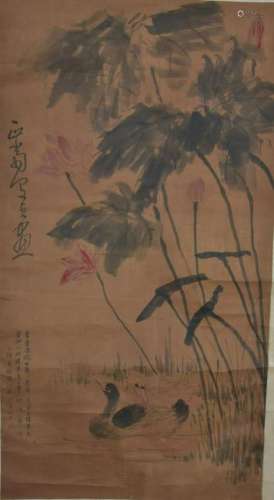 CHINESE PAINTING OF DUCKS WITH WATER LILY FLOWERS