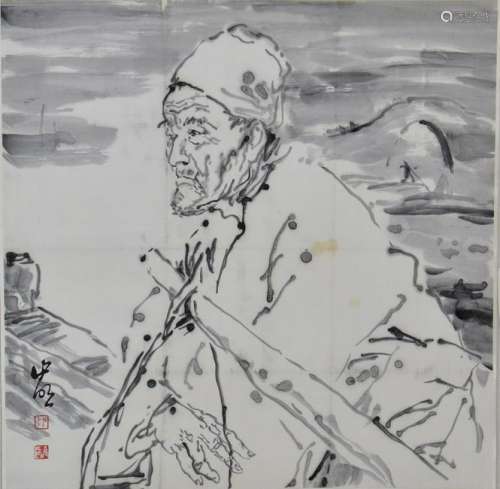 CHINESE INK FIGURE PAINTING OF AN OLD MAN