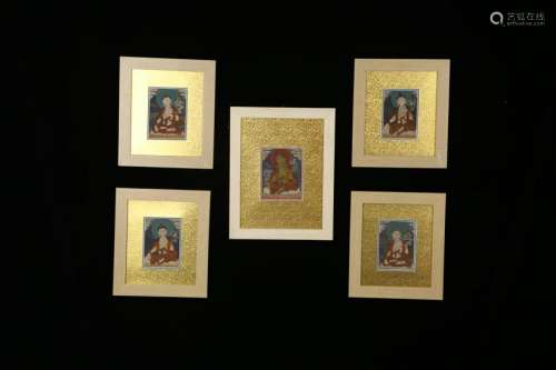 SET OF 5 FRAMED TIBETAN THANGKAS OF BUDDHAS