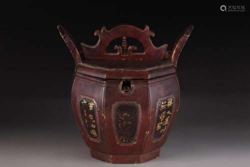 A CHINESE TIN TEAPOT IN WOODEN BOX