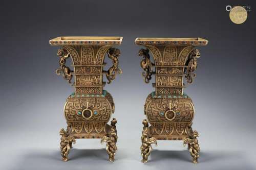 PAIR OF GILT BRONZE GEMS INLAID SQUARE ZUN VASES