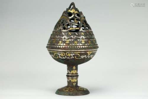 GOLD AND SILVER INLAID BRONZE HILL CENSER