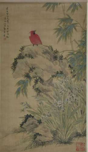 CHINESE PAINTING OF RED BIRD IN ORCHID AND BAMBOO
