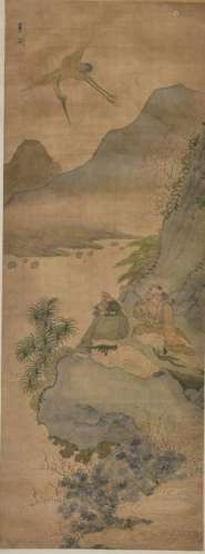 CHINESE PAINTING OF TWO FIGURES WATCHING A CRANE