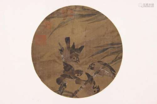 CHINESE SILK PAINTING OF FORAGING SPARROWS