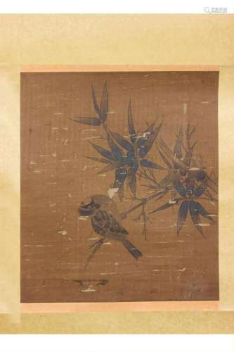 CHINESE SILK PAINTING OF BIRDS STANDING ON BAMBOO