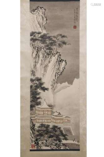 HANGING SCROLL PAINTING OF PAVILLION UNDER HILL