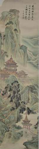 CHINESE PAINTING OF PALACE IN GREEN MOUNTAINS