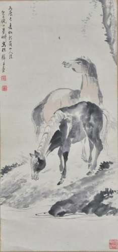 CHINESE PAINTING OF TWO HORSES BY RIVER BANK