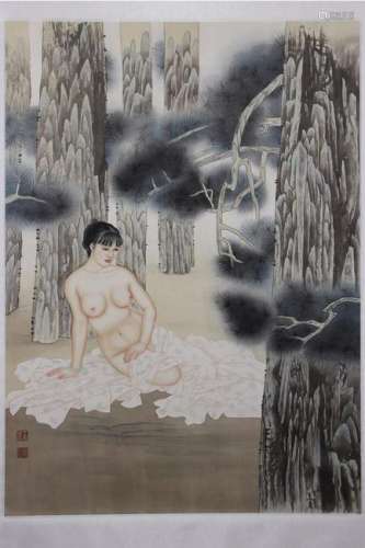 CHINESE PAINTING OF A NUDE LADY IN PINE TREES