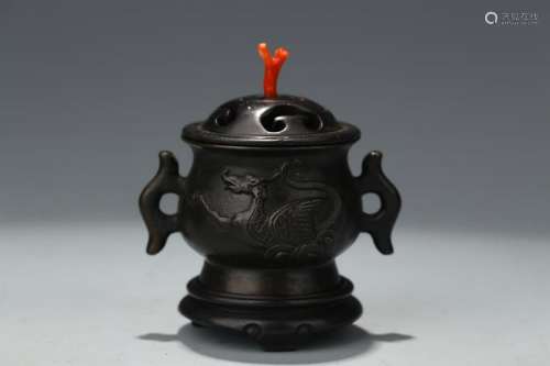 BRONZE INCENSE BURNER WITH ROSEWOOD COVER & STAND