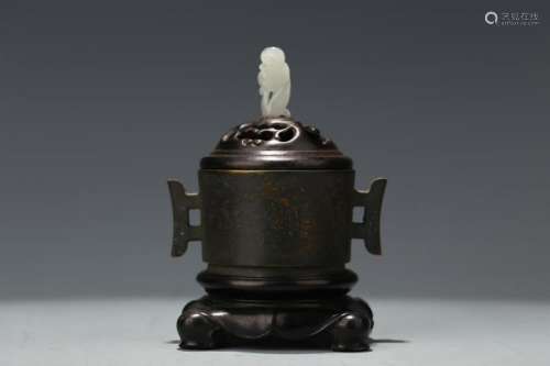 BRONZE INCENSE BURNER WITH ROSEWOOD COVER & STAND