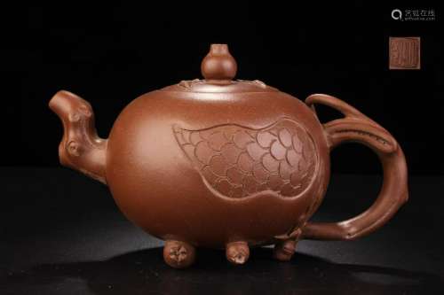 CHINESE ZISHA TEAPOT WITH A TREE BRANCH HANDLE