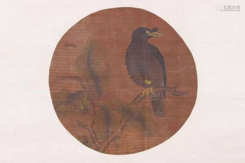 CHINESE SILK PAINTING OF A FALCON ON A BRANCH