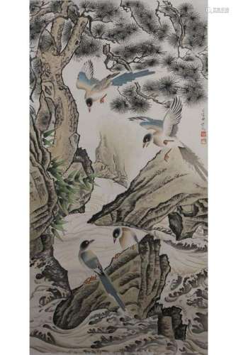 HANGING SCROLL PAINTING OF BIRDS UNDER PINE TREE