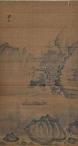 CHINESE INK PAINTING OF BOAT ROWING IN LAKE