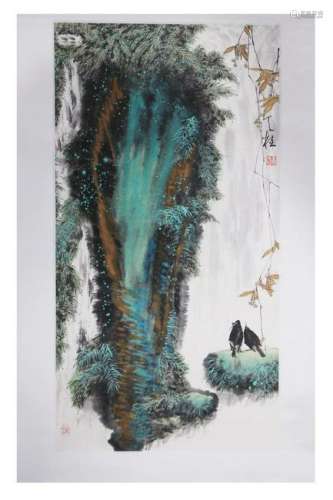 CHINESE PAINTING OF GREEN LIFE BY WATERFALL