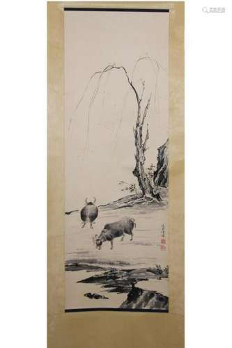 HANGING SCROLL PAINTING OF HERDING CATTLES