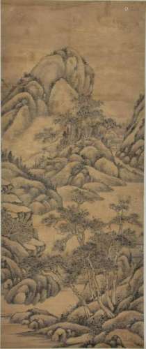 CHINESE INK PAINTING OF PINE TREES IN MOUNTAIN