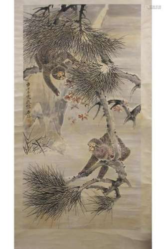 HANGING SCROLL PAINTING OF MONKEYS FROLICKING ON BRANCH