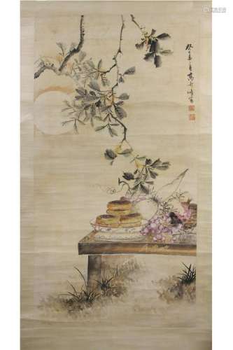 HANGING SCROLL PAINTING OF FOODS ON DESK